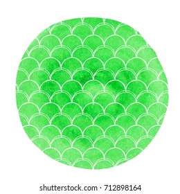 Mermaid scale on watercolor background. Bright colors. Hand drawn round backdrop with mermaid scale ornament. Fish tail banner and invitation. Girl underwater and sea pattern. Green vector.