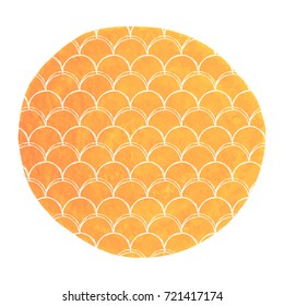 Mermaid scale on watercolor background. Bright colors. Hand drawn round backdrop with mermaid scale ornament. Fish tail banner and invitation. Girl underwater and sea pattern. Orange vector.