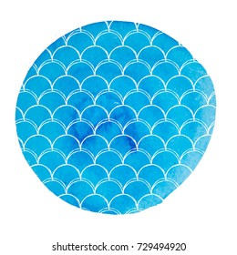 Mermaid scale on watercolor background. Bright colors. Hand drawn round backdrop with mermaid scale ornament. Fish tail banner and invitation. Girl underwater and sea pattern. Blue vector.