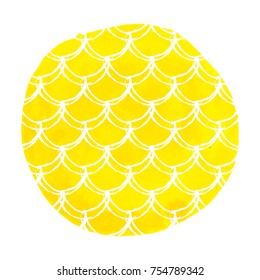 Mermaid scale on watercolor background. Bright colors. Hand drawn round backdrop with mermaid scale ornament. Fish tail banner and invitation. Girl underwater and sea pattern. Yellow vector.