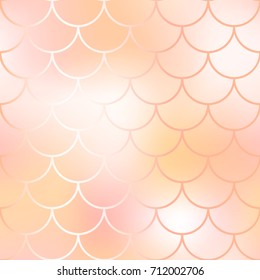 Mermaid scale pattern background. Gradient mesh vector texture. Blush pink and yellow fish skin background. Fantastic rose gold fish pattern. Mermaid vector pattern. Golden fish skin seamless pattern