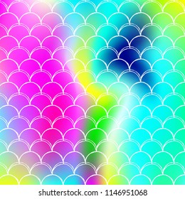 Mermaid scales background with holographic gradient. Bright color transitions. Fish tail banner and invitation. Underwater and sea pattern for girlie party. Bright backdrop with mermaid scales.