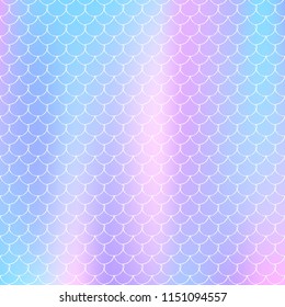 Mermaid scales background with holographic gradient. Bright color transitions. Fish tail banner and invitation. Underwater and sea pattern for girlie party. Pearlescent backdrop with mermaid scales.