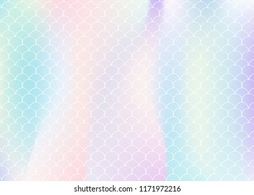 Mermaid scales background with holographic gradient. Bright color transitions. Fish tail banner and invitation. Underwater and sea pattern for girlie party. Neon backdrop with mermaid scales.