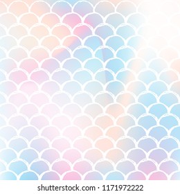 Mermaid scales background with holographic gradient. Bright color transitions. Fish tail banner and invitation. Underwater and sea pattern for girlie party. Bright backdrop with mermaid scales.