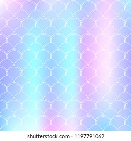 Mermaid scales background with holographic gradient. Bright color transitions. Fish tail banner and invitation. Underwater and sea pattern for girlie party. Fluorescent backdrop with mermaid scales.
