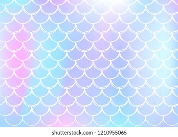 Mermaid scales background with holographic gradient. Bright color transitions. Fish tail banner and invitation. Underwater and sea pattern for girlie party. Bright backdrop with mermaid scales.