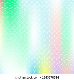 Mermaid scales background with holographic gradient. Bright color transitions. Fish tail banner and invitation. Underwater and sea pattern for girlie party. Spectrum backdrop with mermaid scales.