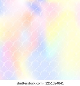 Mermaid scales background with holographic gradient. Bright color transitions. Fish tail banner and invitation. Underwater and sea pattern for girlie party. Bright backdrop with mermaid scales.