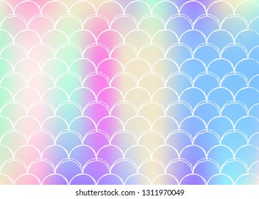 Mermaid scales background with holographic gradient. Bright color transitions. Fish tail banner and invitation. Underwater and sea pattern for girlie party. Retro backdrop with mermaid scales.