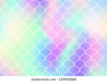 Mermaid scales background with holographic gradient. Bright color transitions. Fish tail banner and invitation. Underwater and sea pattern for girlie party. Multicolor backdrop with mermaid scales.