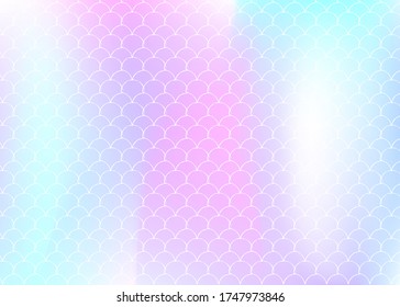 Mermaid scales background with holographic gradient. Bright color transitions. Fish tail banner and invitation. Underwater and sea pattern for girlie party. Futuristic backdrop with mermaid scales.