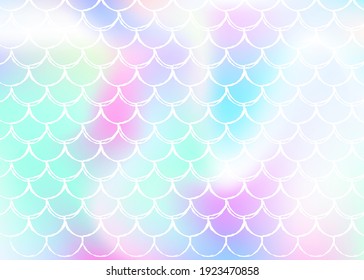 Mermaid scales background with holographic gradient. Bright color transitions. Fish tail banner and invitation. Underwater and sea pattern for girlie party. Multicolor backdrop with mermaid scales.