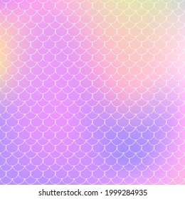 Mermaid scales background with holographic gradient. Bright color transitions. Fish tail banner and invitation. Underwater and sea pattern for girlie party. Creative backdrop with mermaid scales.