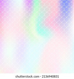 Mermaid scales background with holographic gradient. Bright color transitions. Fish tail banner and invitation. Underwater and sea pattern for girlie party. Creative backdrop with mermaid scales.