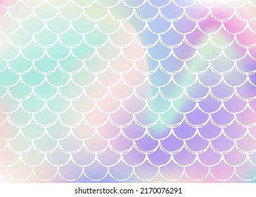 Mermaid scales background with holographic gradient. Bright color transitions. Fish tail banner and invitation. Underwater and sea pattern for girlie party. Retro backdrop with mermaid scales.