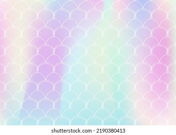 Mermaid scales background with holographic gradient. Bright color transitions. Fish tail banner and invitation. Underwater and sea pattern for girlie party. Futuristic backdrop with mermaid scales.