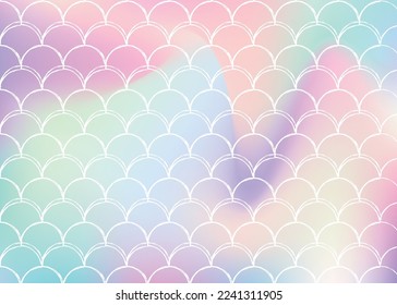 Mermaid scales background with holographic gradient. Bright color transitions. Fish tail banner and invitation. Underwater and sea pattern for girlie party. Spectrum backdrop with mermaid scales.