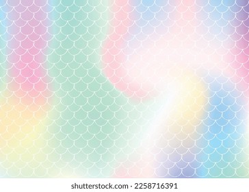 Mermaid scales background with holographic gradient. Bright color transitions. Fish tail banner and invitation. Underwater and sea pattern for girlie party. Colorful backdrop with mermaid scales.