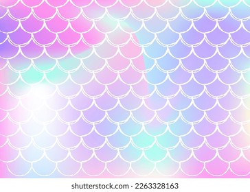 Mermaid scales background with holographic gradient. Bright color transitions. Fish tail banner and invitation. Underwater and sea pattern for girlie party. Fluorescent backdrop with mermaid scales.