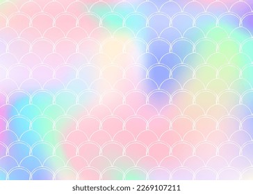 Mermaid scales background with holographic gradient. Bright color transitions. Fish tail banner and invitation. Underwater and sea pattern for girlie party. Futuristic backdrop with mermaid scales.