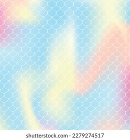 Mermaid scales background with holographic gradient. Bright color transitions. Fish tail banner and invitation. Underwater and sea pattern for girlie party. Retro backdrop with mermaid scales.