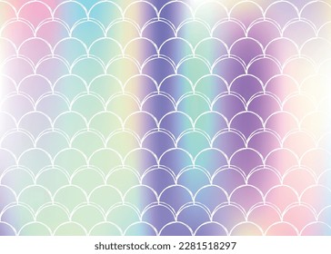 Mermaid scales background with holographic gradient. Bright color transitions. Fish tail banner and invitation. Underwater and sea pattern for girlie party. Fluorescent backdrop with mermaid scales.