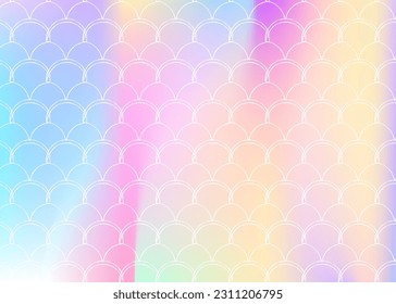 Mermaid scales background with holographic gradient. Bright color transitions. Fish tail banner and invitation. Underwater and sea pattern for girlie party. Vibrant backdrop with mermaid scales.