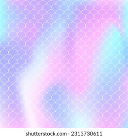 Mermaid scales background with holographic gradient. Bright color transitions. Fish tail banner and invitation. Underwater and sea pattern for girlie party. Creative backdrop with mermaid scales.
