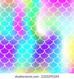 Mermaid scales background with holographic gradient. Bright color transitions. Fish tail banner and invitation. Underwater and sea pattern for girlie party. Retro backdrop with mermaid scales.