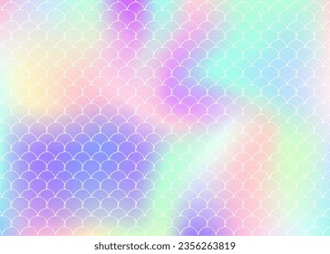 Mermaid scales background with holographic gradient. Bright color transitions. Fish tail banner and invitation. Underwater and sea pattern for girlie party. Retro backdrop with mermaid scales.