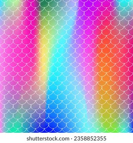 Mermaid scales background with holographic gradient. Bright color transitions. Fish tail banner and invitation. Underwater and sea pattern for girlie party. Retro backdrop with mermaid scales.