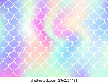 Mermaid scales background with holographic gradient. Bright color transitions. Fish tail banner and invitation. Underwater and sea pattern for girlie party. Bright backdrop with mermaid scales.
