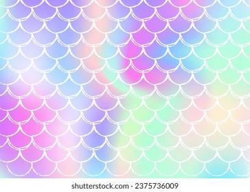 Mermaid scales background with holographic gradient. Bright color transitions. Fish tail banner and invitation. Underwater and sea pattern for girlie party. Multicolor backdrop with mermaid scales.