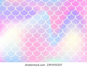 Mermaid scales background with holographic gradient. Bright color transitions. Fish tail banner and invitation. Underwater and sea pattern for girlie party. Rainbow backdrop with mermaid scales.
