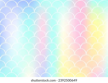 Mermaid scales background with holographic gradient. Bright color transitions. Fish tail banner and invitation. Underwater and sea pattern for girlie party. Neon backdrop with mermaid scales.