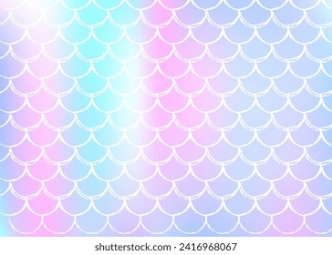 Mermaid scales background with holographic gradient. Bright color transitions. Fish tail banner and invitation. Underwater and sea pattern for girlie party. Neon backdrop with mermaid scales.