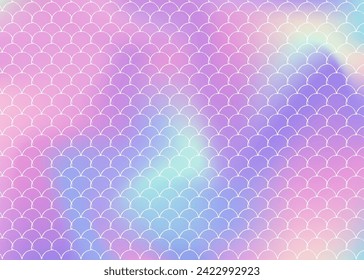 Mermaid scales background with holographic gradient. Bright color transitions. Fish tail banner and invitation. Underwater and sea pattern for girlie party. Futuristic backdrop with mermaid scales.