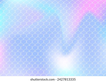 Mermaid scales background with holographic gradient. Bright color transitions. Fish tail banner and invitation. Underwater and sea pattern for girlie party. Spectrum backdrop with mermaid scales.