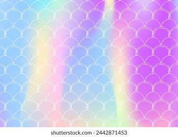 Mermaid scales background with holographic gradient. Bright color transitions. Fish tail banner and invitation. Underwater and sea pattern for girlie party. Trendy backdrop with mermaid scales.