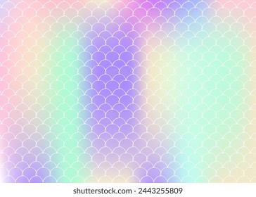 Mermaid scales background with holographic gradient. Bright color transitions. Fish tail banner and invitation. Underwater and sea pattern for girlie party. Bright backdrop with mermaid scales.