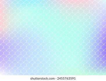 Mermaid scales background with holographic gradient. Bright color transitions. Fish tail banner and invitation. Underwater and sea pattern for girlie party. Futuristic backdrop with mermaid scales.