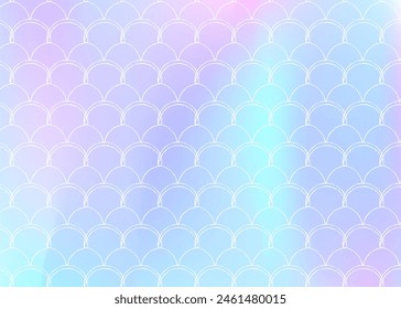 Mermaid scales background with holographic gradient. Bright color transitions. Fish tail banner and invitation. Underwater and sea pattern for girlie party. Neon backdrop with mermaid scales.