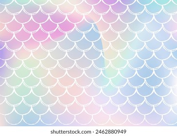 Mermaid scales background with holographic gradient. Bright color transitions. Fish tail banner and invitation. Underwater and sea pattern for girlie party. Multicolor backdrop with mermaid scales.