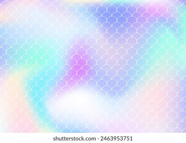 Mermaid scales background with holographic gradient. Bright color transitions. Fish tail banner and invitation. Underwater and sea pattern for girlie party. Trendy backdrop with mermaid scales.