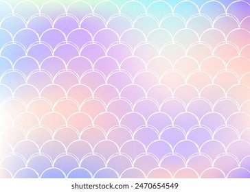 Mermaid scales background with holographic gradient. Bright color transitions. Fish tail banner and invitation. Underwater and sea pattern for girlie party. Multicolor backdrop with mermaid scales.