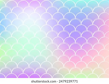 Mermaid scales background with holographic gradient. Bright color transitions. Fish tail banner and invitation. Underwater and sea pattern for girlie party. Rainbow backdrop with mermaid scales.