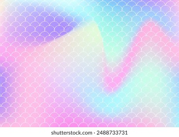 Mermaid scales background with holographic gradient. Bright color transitions. Fish tail banner and invitation. Underwater and sea pattern for girlie party. Hipster backdrop with mermaid scales.
