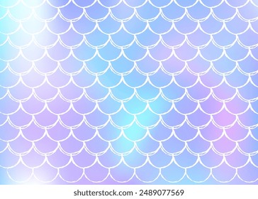 Mermaid scales background with holographic gradient. Bright color transitions. Fish tail banner and invitation. Underwater and sea pattern for girlie party. Bright backdrop with mermaid scales.