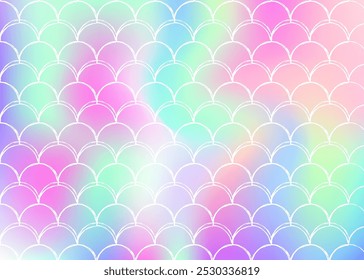 Mermaid scales background with holographic gradient. Bright color transitions. Fish tail banner and invitation. Underwater and sea pattern for girlie party. Trendy backdrop with mermaid scales.